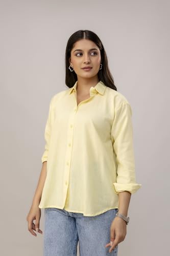 ANNA MONNA Women's Linen Blend Shirt | Casual Collared Button Down Shirt for Women | Solid Color Full Sleeve Oversized Fit | Summer Casual & Office Wear Top (in, Alpha, 5XL, Plus, Pastel Yellow) - Image 5