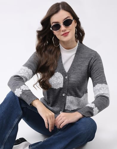 Monte Carlo Women V Neck Self Design Cardigan | Regular Fit Full Sleeve Knitwear | Elegant Winter Sweater for Office & Casual Outfits Grey M (Pack of 1) - Image 3