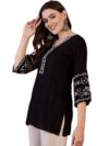 MAHIRA'S Women's Short Kurti, Black Rayon Tunic Top with Embroidered Sleeves, 3/4 Designer Sleeves (in, Alpha, S, Regular, 1. Black)