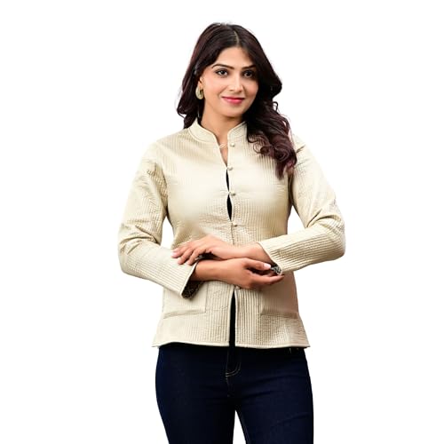 VASJAC Reversible Cotton Silk Jacket for Women | Handcrafted Ethnic Quilted Jacket | Block Print Winter Wear for Ladies (IN, Alpha, 3XL, Regular, Cream)