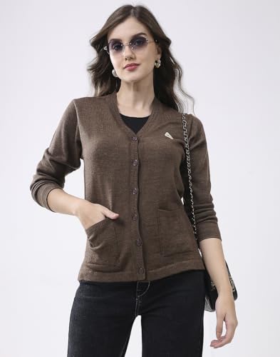 Monte Carlo Women V Neck Cardigan | Regular Fit Full Sleeve Solid Knitwear | Soft Winter Sweater for Casual & Office Wear Coffe M (Pack of 1) - Image 3