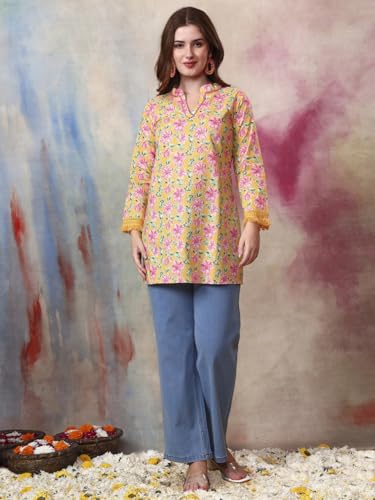 Tissu Women's Cotton Slub Yellow Floral Printed Lace Work Tunic Kurti (2320_Yellow_3XL) - Image 7