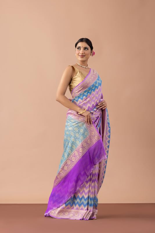 Fibreworld Georgette Banarasi Saree for Women – Lavender Silk Georgette, Traditional Woven Saree, Ethnic Indian Attire with Unstitched Blouse Piece Wear - Image 5