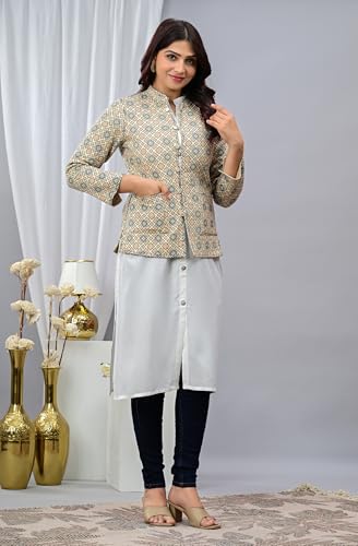 VASJAC Reversible Cotton Silk Jacket for Women | Handcrafted Ethnic Quilted Jacket | Block Print Winter Wear for Ladies (IN, Alpha, 3XL, Regular, Cream) - Image 4