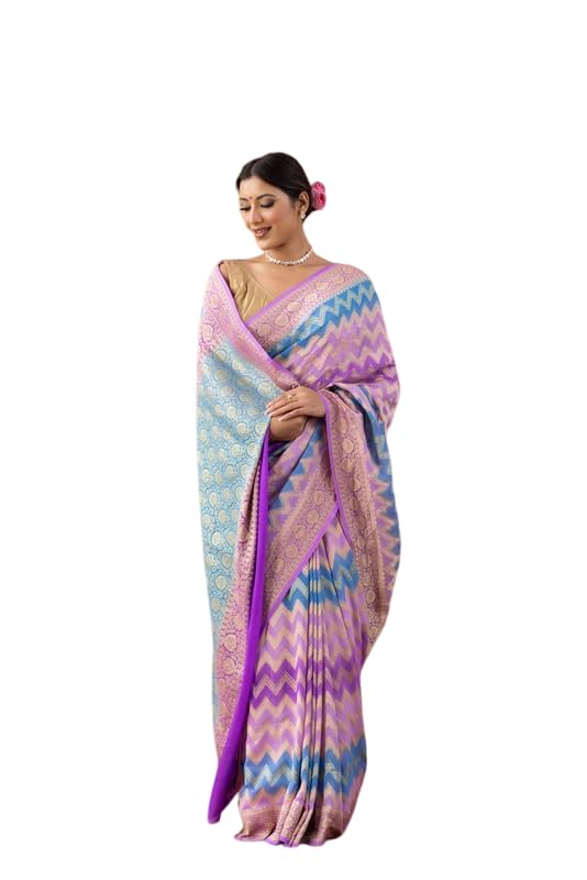 Fibreworld Georgette Banarasi Saree for Women – Lavender Silk Georgette, Traditional Woven Saree, Ethnic Indian Attire with Unstitched Blouse Piece Wear