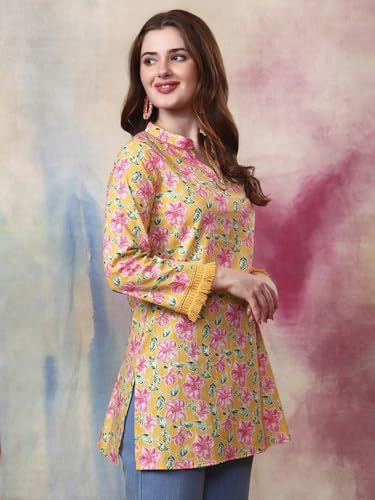 Tissu Women's Cotton Slub Yellow Floral Printed Lace Work Tunic Kurti (2320_Yellow_3XL) - Image 4