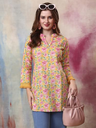 Tissu Women's Cotton Slub Yellow Floral Printed Lace Work Tunic Kurti (2320_Yellow_3XL) - Image 3
