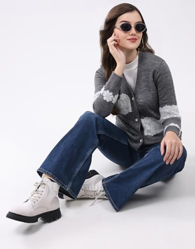 Monte Carlo Women V Neck Self Design Cardigan | Regular Fit Full Sleeve Knitwear | Elegant Winter Sweater for Office & Casual Outfits Grey M (Pack of 1) - Image 4