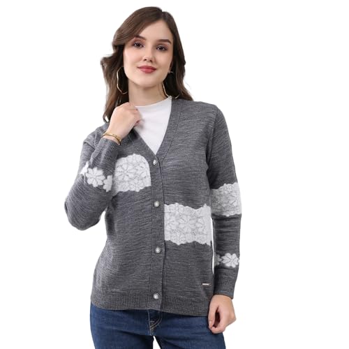 Monte Carlo Women V Neck Self Design Cardigan | Regular Fit Full Sleeve Knitwear | Elegant Winter Sweater for Office & Casual Outfits Grey M (Pack of 1)