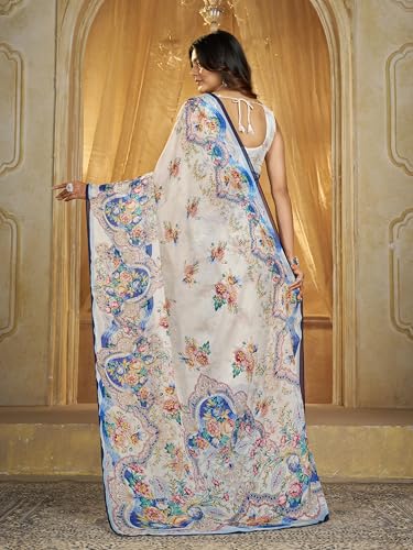 Garden Vareli Organza Floral Printed Saree with Blouse Piece 0PS001 - Ecru - Image 4