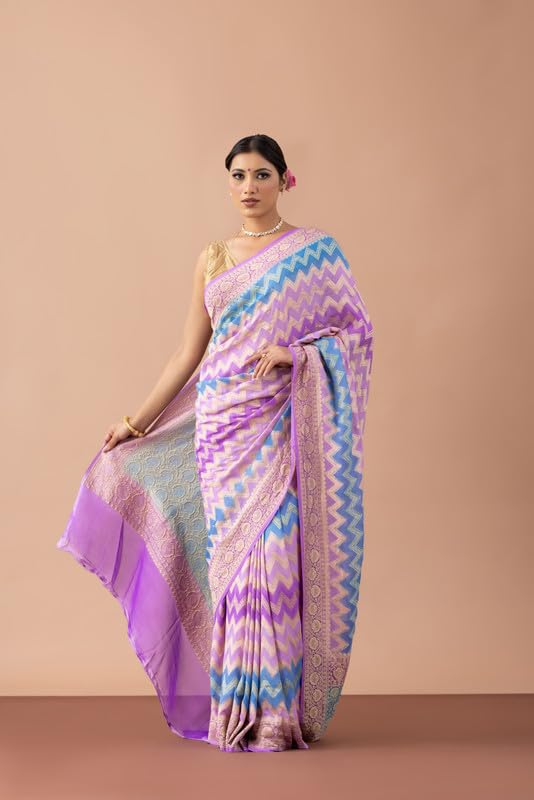 Fibreworld Georgette Banarasi Saree for Women – Lavender Silk Georgette, Traditional Woven Saree, Ethnic Indian Attire with Unstitched Blouse Piece Wear - Image 4