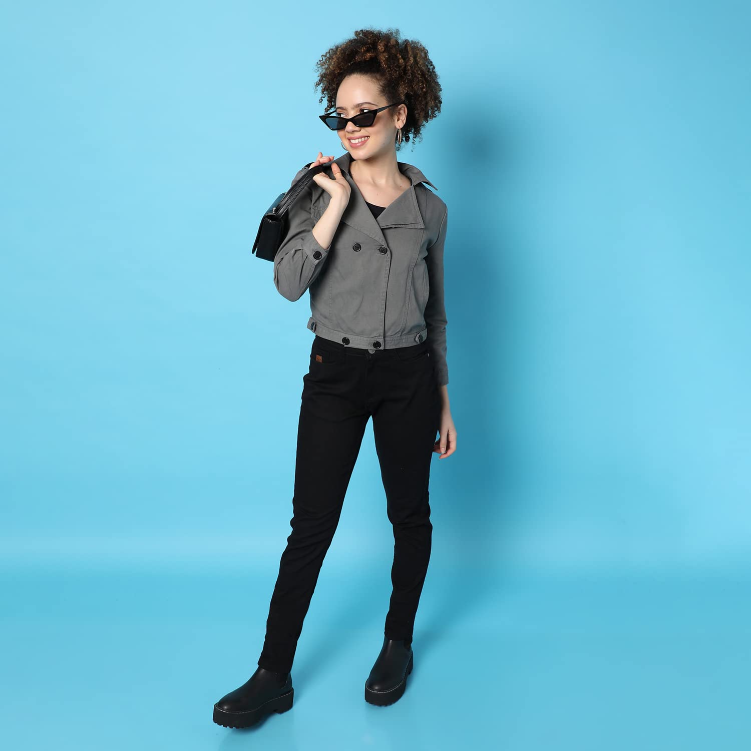 Campus Sutra Women’s Grey Dry-Washed Denim Cotton Jacket Regular Fit For Casual Wear, Collared Neck, Double-Breasted, Stylish Crafted With Comfort Fit For Everyday Wear - Image 3