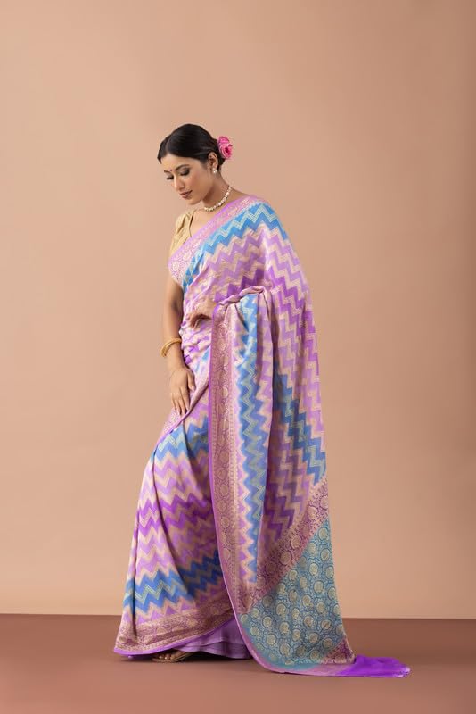 Fibreworld Georgette Banarasi Saree for Women – Lavender Silk Georgette, Traditional Woven Saree, Ethnic Indian Attire with Unstitched Blouse Piece Wear - Image 6