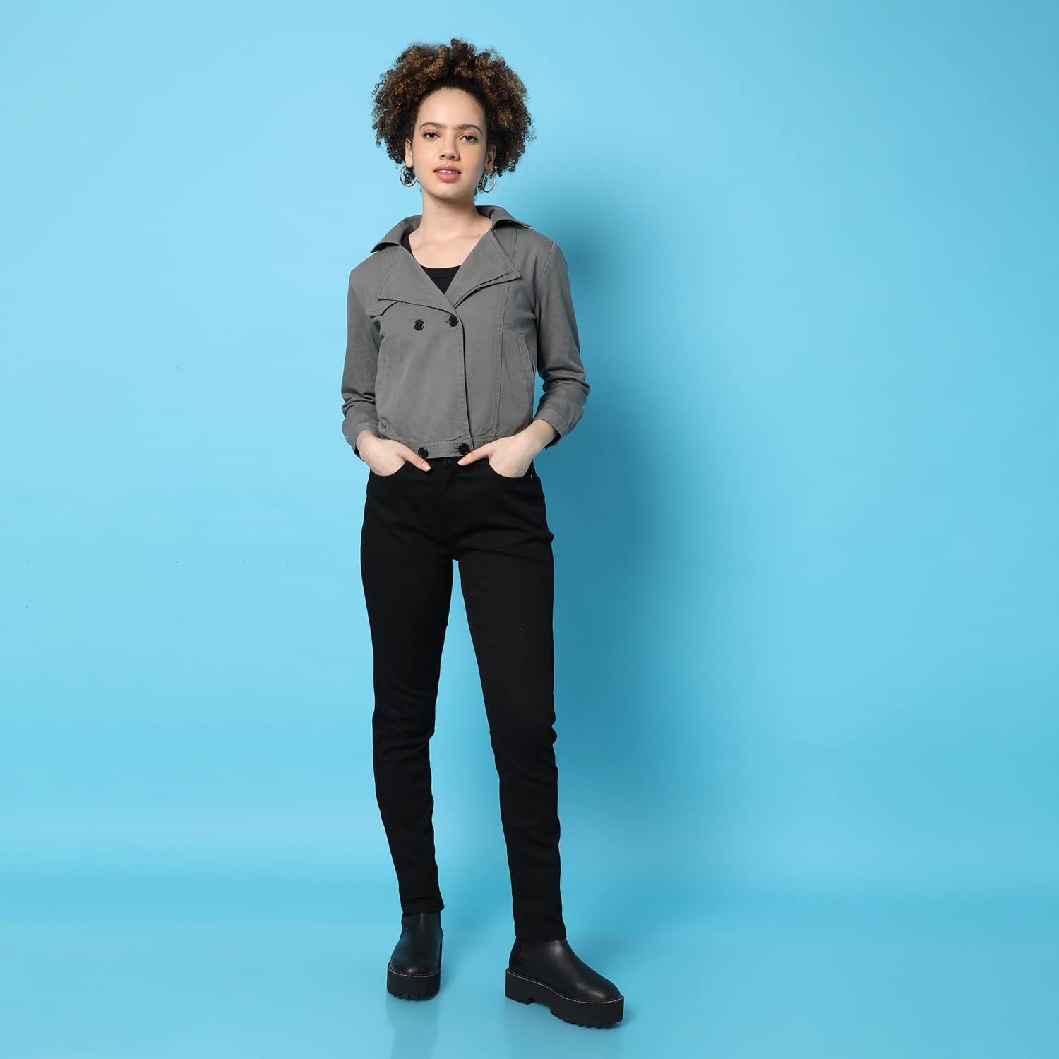 Campus Sutra Women’s Grey Dry-Washed Denim Cotton Jacket Regular Fit For Casual Wear, Collared Neck, Double-Breasted, Stylish Crafted With Comfort Fit For Everyday Wear - Image 4