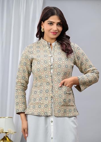 VASJAC Reversible Cotton Silk Jacket for Women | Handcrafted Ethnic Quilted Jacket | Block Print Winter Wear for Ladies (IN, Alpha, 3XL, Regular, Cream) - Image 5