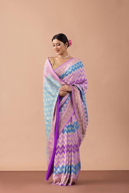 Fibreworld Georgette Banarasi Saree for Women – Lavender Silk Georgette, Traditional Woven Saree, Ethnic Indian Attire with Unstitched Blouse Piece Wear - Image 2