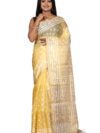 Bengal looms India Silk Saree Traditional Needle Karat Nakashi Work Saree for Women Dhakai Jamdani with Blouse Piece in Pastel Yellow & Off White Rich Texture Smooth Finish Indian Sari for Festivals
