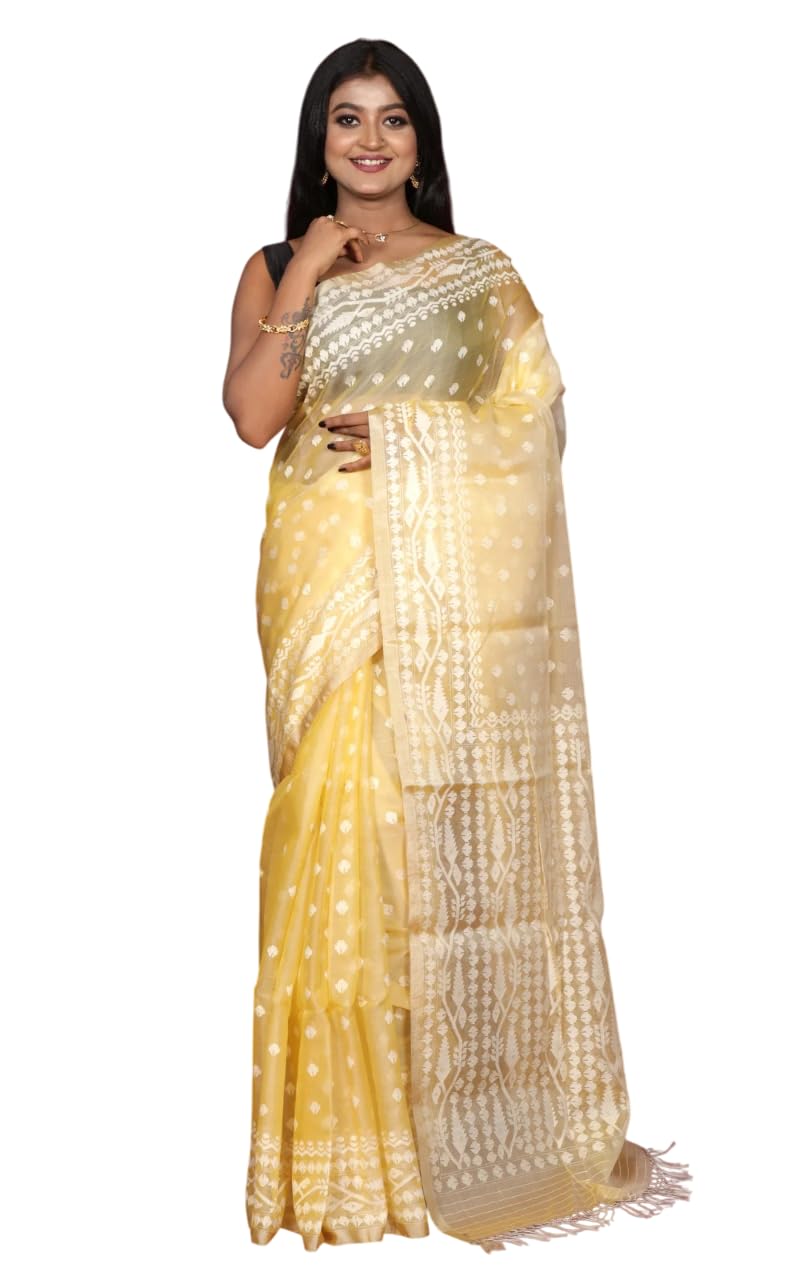 Bengal looms India Silk Saree Traditional Needle Karat Nakashi Work Saree for Women Dhakai Jamdani with Blouse Piece in Pastel Yellow & Off White Rich Texture Smooth Finish Indian Sari for Festivals