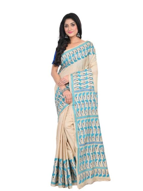 Tantuja Bengal Handloom Kantha Lightweight Comfortable Hand Woven Printed Tasar Ethnic Wear Saree For Women'S With Blouse Piece, (Saree-5.5Mtr, Blouse-0.80 Meter)