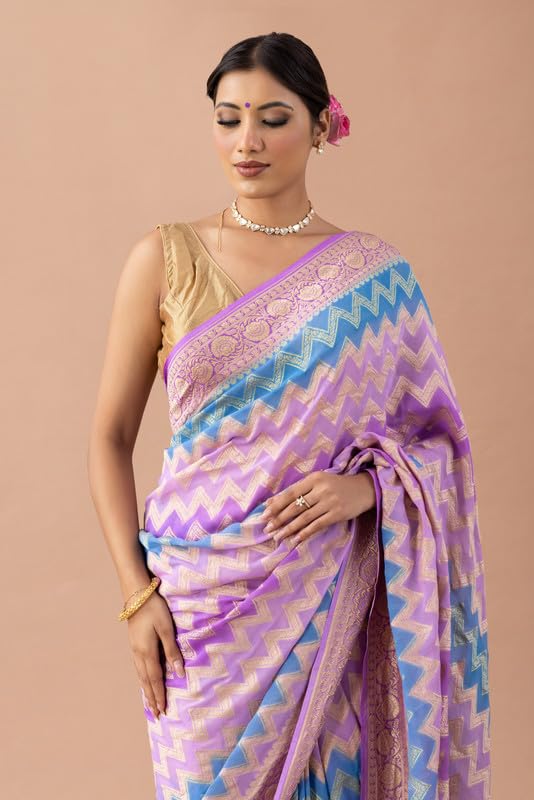 Fibreworld Georgette Banarasi Saree for Women – Lavender Silk Georgette, Traditional Woven Saree, Ethnic Indian Attire with Unstitched Blouse Piece Wear - Image 3