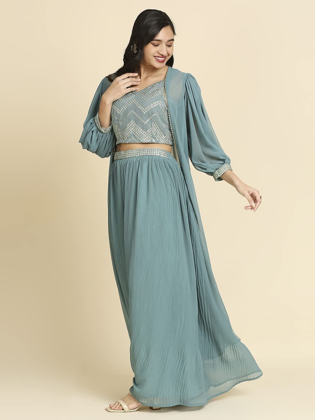 madhuram Women's Georgette Lehenga and Choli with Long Shrug Set for Solid with Heavy Embroidery Work Set(M-2410) (Green, XL) - Image 7