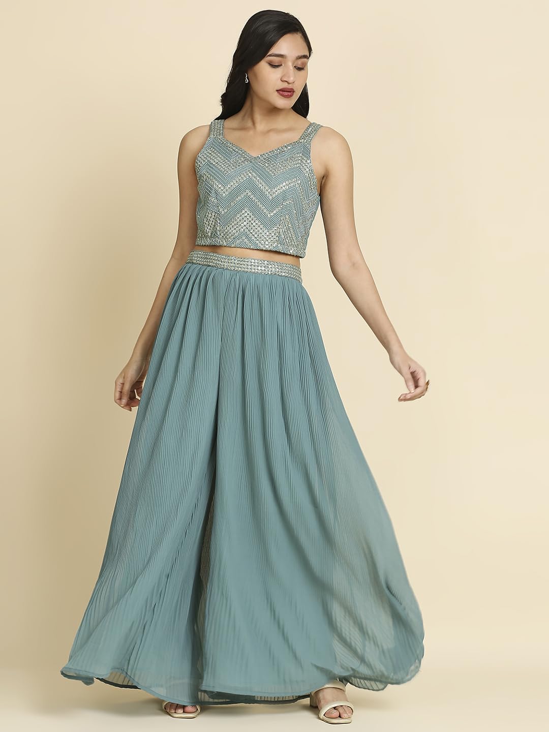 madhuram Women's Georgette Lehenga and Choli with Long Shrug Set for Solid with Heavy Embroidery Work Set(M-2410) (Green, XL) - Image 5