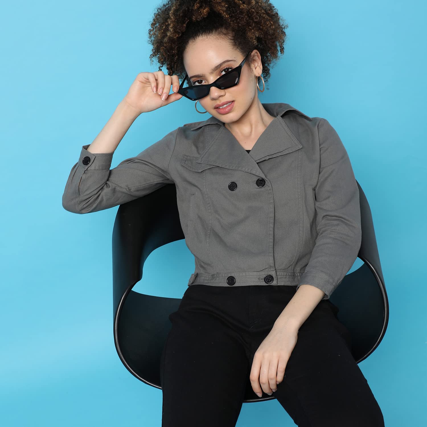 Campus Sutra Women’s Grey Dry-Washed Denim Cotton Jacket Regular Fit For Casual Wear, Collared Neck, Double-Breasted, Stylish Crafted With Comfort Fit For Everyday Wear - Image 2