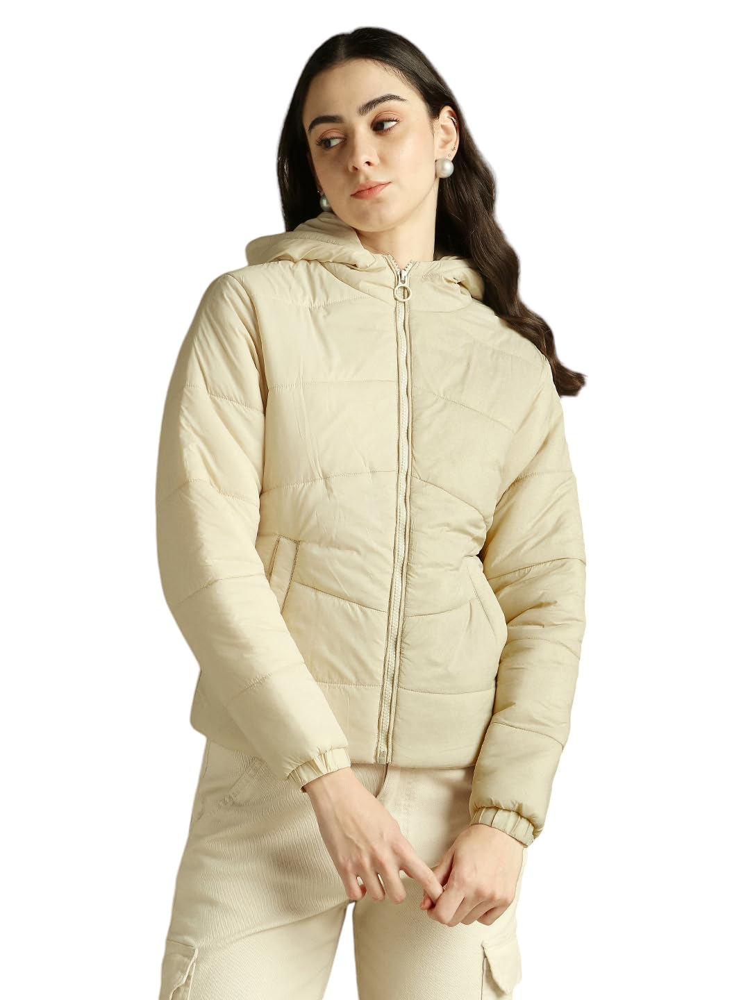 DL Woman Regular Fit Ployseter Solid Full Sleeves Hooded Padded Jackets