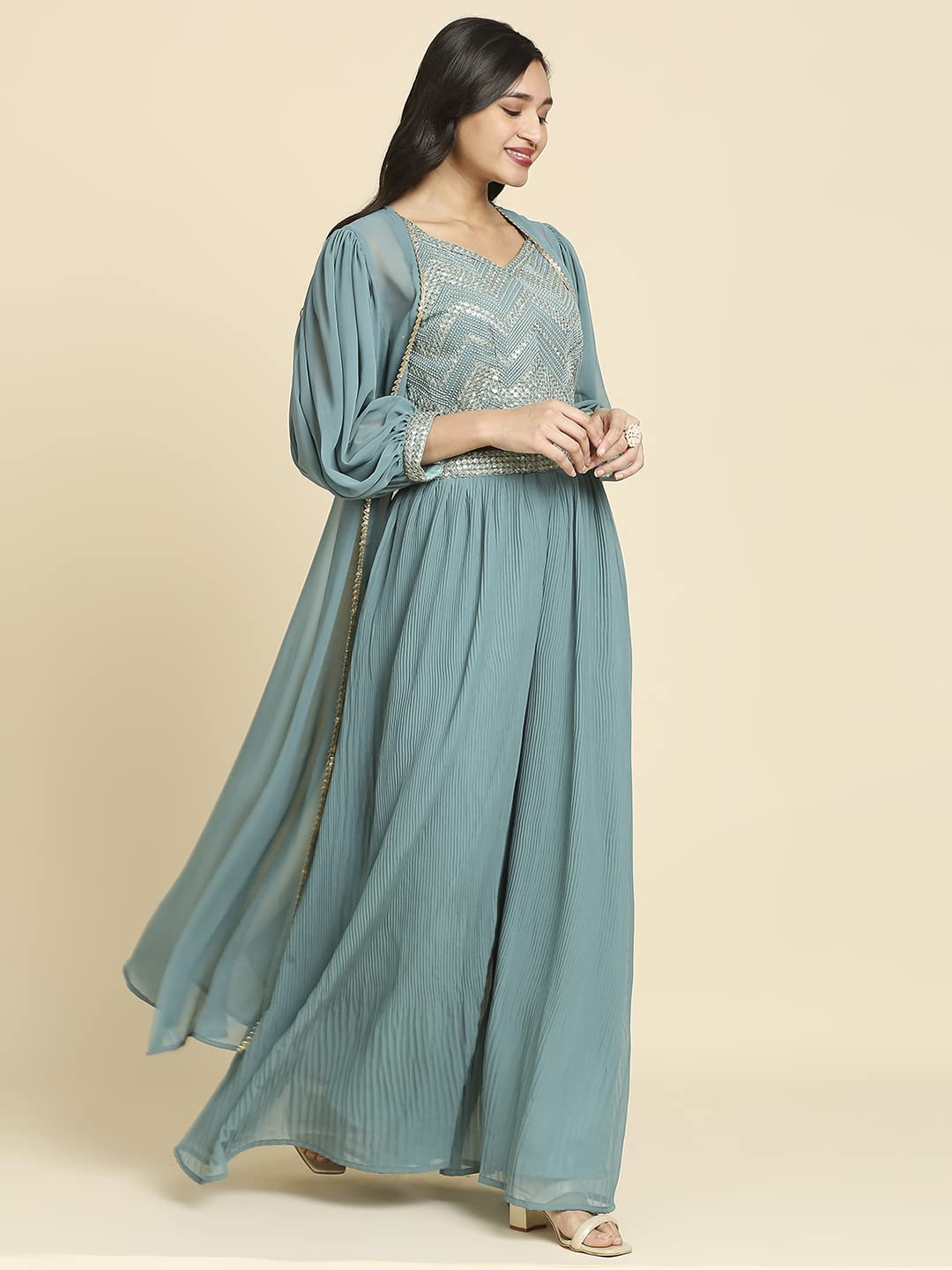 madhuram Women's Georgette Lehenga and Choli with Long Shrug Set for Solid with Heavy Embroidery Work Set(M-2410) (Green, XL) - Image 6