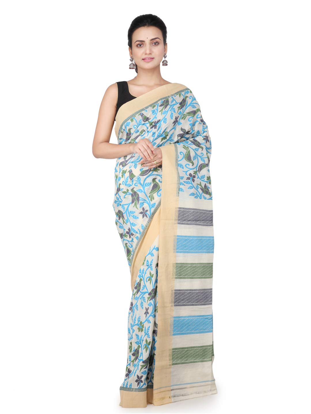 PinkLoom Women's Cotton Silk Jamdani Saree With Blouse Piece, Off White, Ghca21