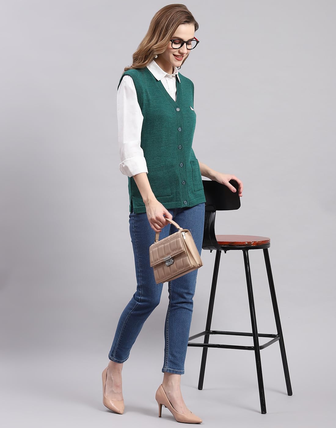 Monte Carlo Womens Solid Green V Neck Sleeveless Cardigan (1240713SL-2348-36) - Image 3
