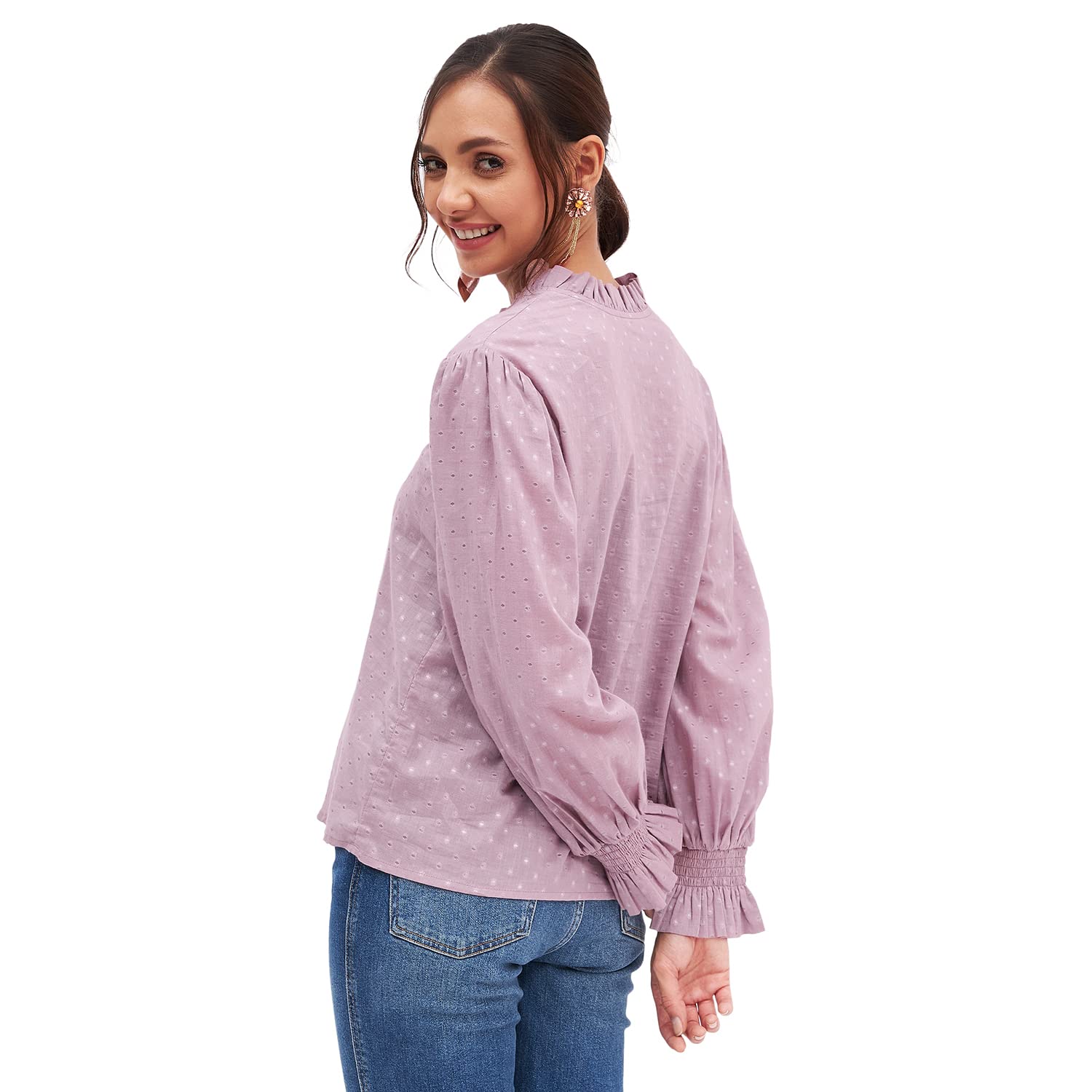 KIBO Women Pink Cotton Long Sleeve Self Design Crop Top - Medium - Image 3