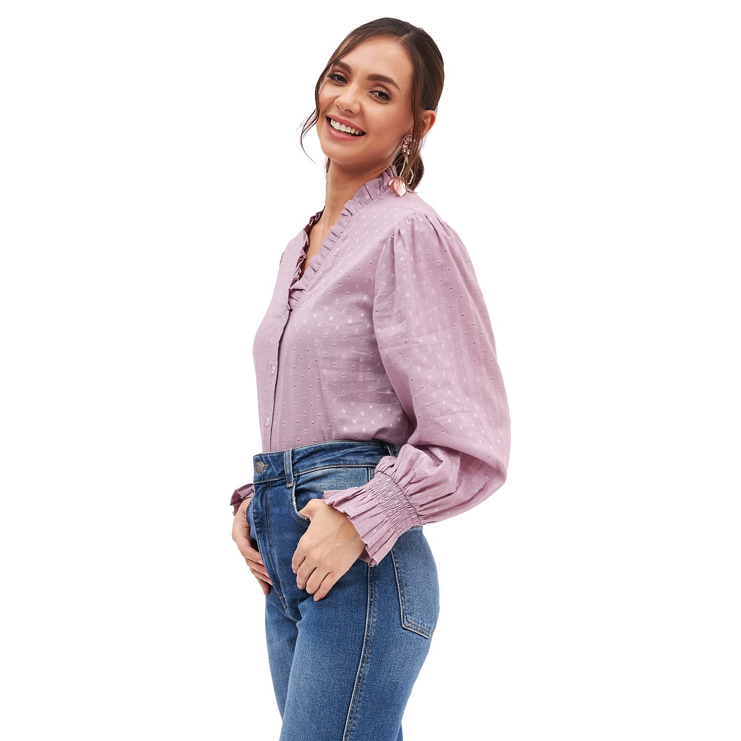 KIBO Women Pink Cotton Long Sleeve Self Design Crop Top - Medium - Image 5