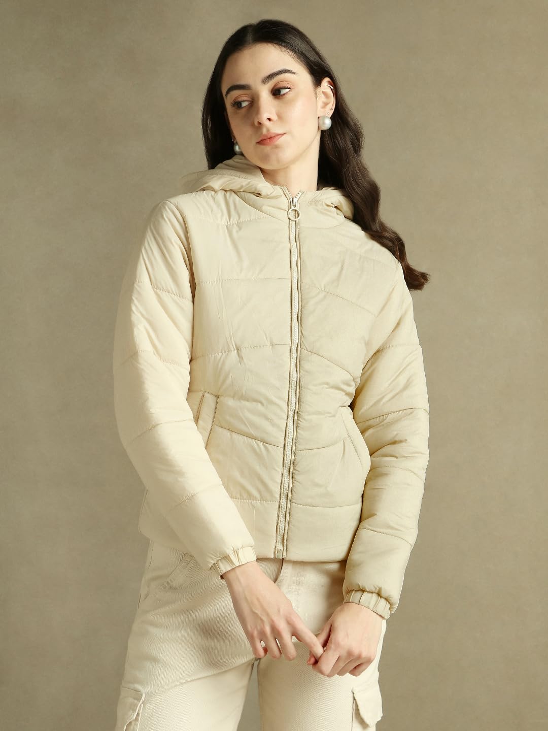 DL Woman Regular Fit Ployseter Solid Full Sleeves Hooded Padded Jackets - Image 3