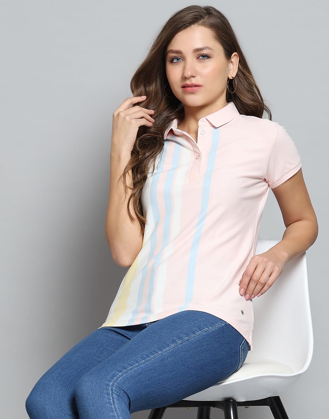 Monte Carlo Women's Regular Fit Polo T-Shirt | Striped Pattern| Half Sleeve | Collared Neck | Casual Wear Tshirt for Women Pink M (Pack of 1) - Image 3