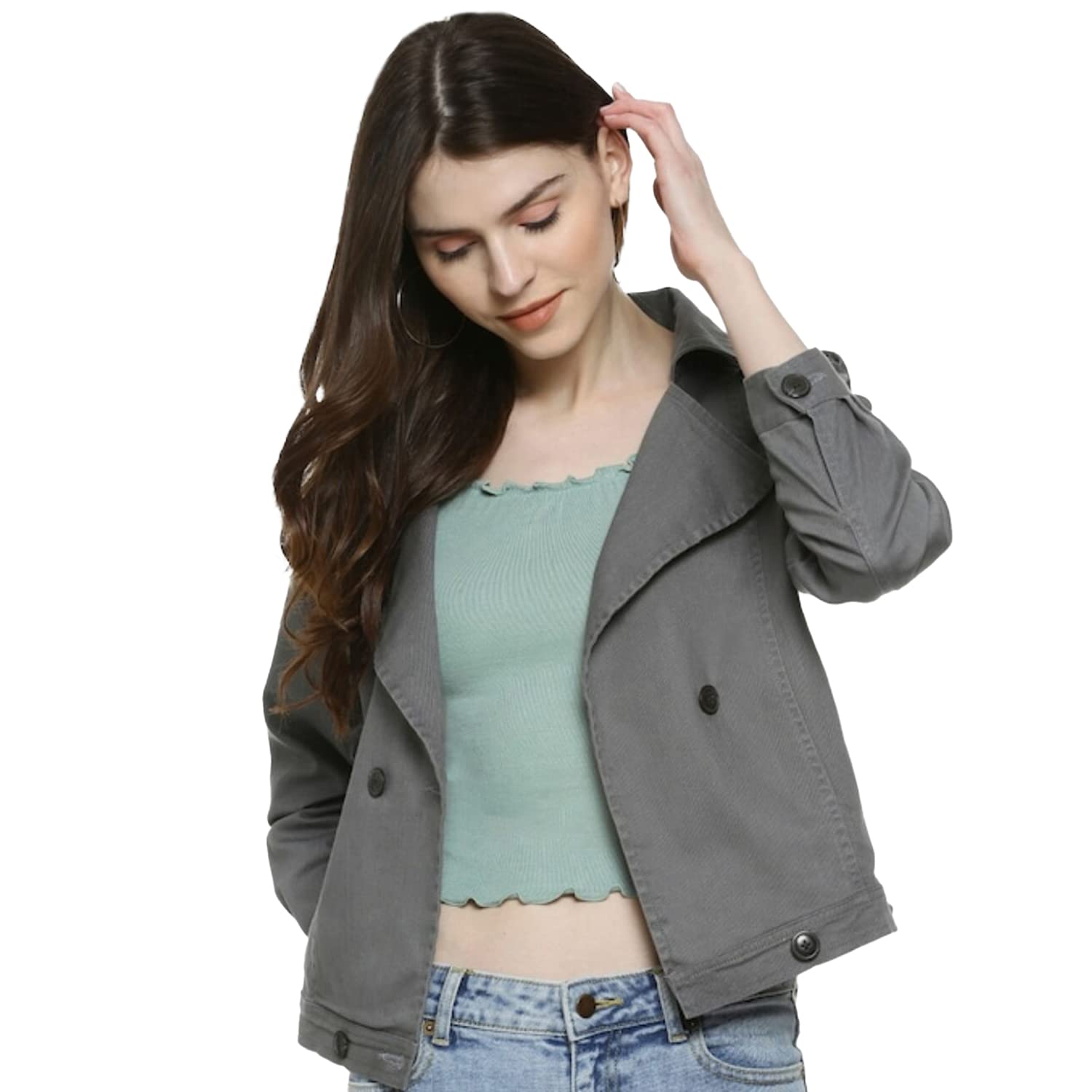 Campus Sutra Women’s Grey Dry-Washed Denim Cotton Jacket Regular Fit For Casual Wear, Collared Neck, Double-Breasted, Stylish Crafted With Comfort Fit For Everyday Wear