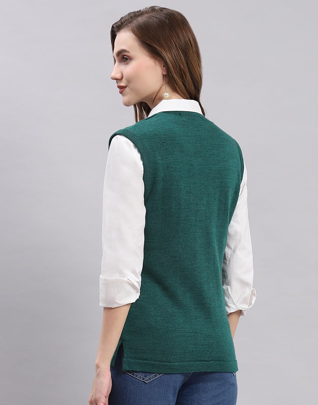 Monte Carlo Womens Solid Green V Neck Sleeveless Cardigan (1240713SL-2348-36) - Image 4