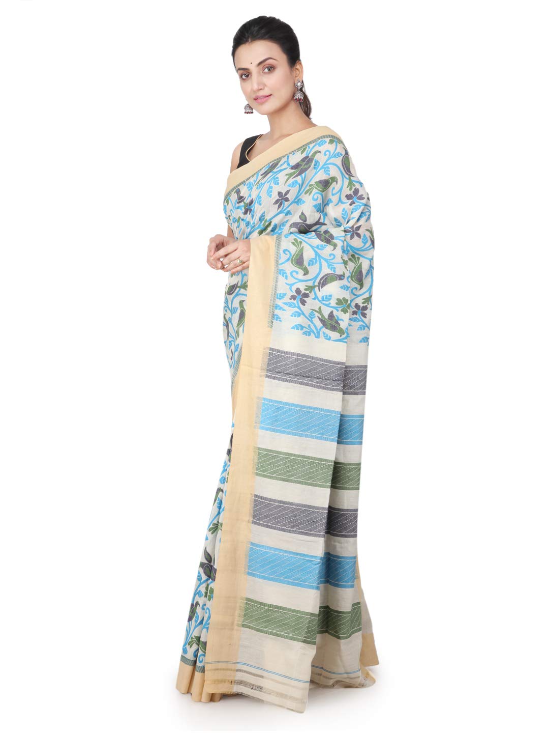 PinkLoom Women's Cotton Silk Jamdani Saree With Blouse Piece, Off White, Ghca21 - Image 4