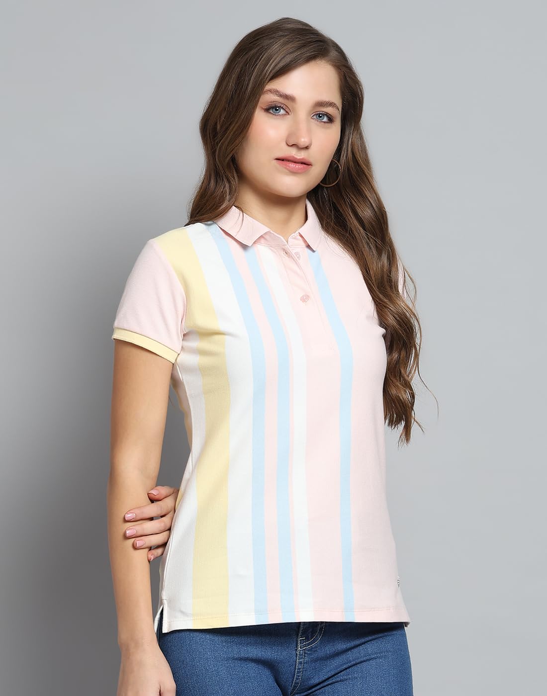 Monte Carlo Women's Regular Fit Polo T-Shirt | Striped Pattern| Half Sleeve | Collared Neck | Casual Wear Tshirt for Women Pink M (Pack of 1) - Image 6