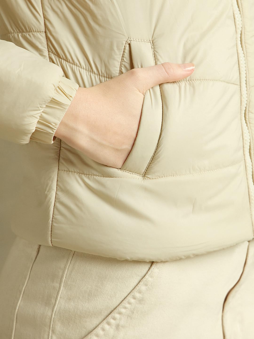 DL Woman Regular Fit Ployseter Solid Full Sleeves Hooded Padded Jackets - Image 2