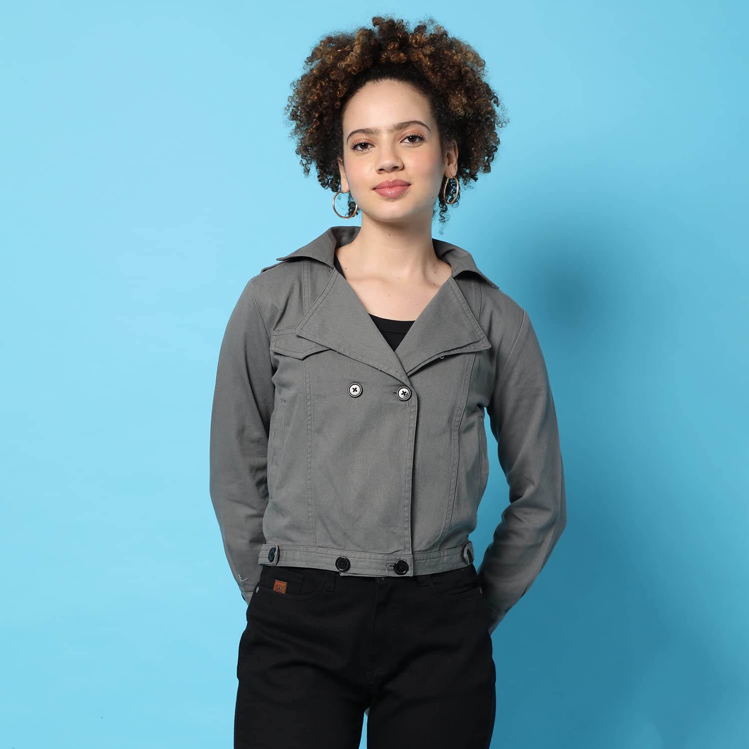 Campus Sutra Women’s Grey Dry-Washed Denim Cotton Jacket Regular Fit For Casual Wear, Collared Neck, Double-Breasted, Stylish Crafted With Comfort Fit For Everyday Wear - Image 7