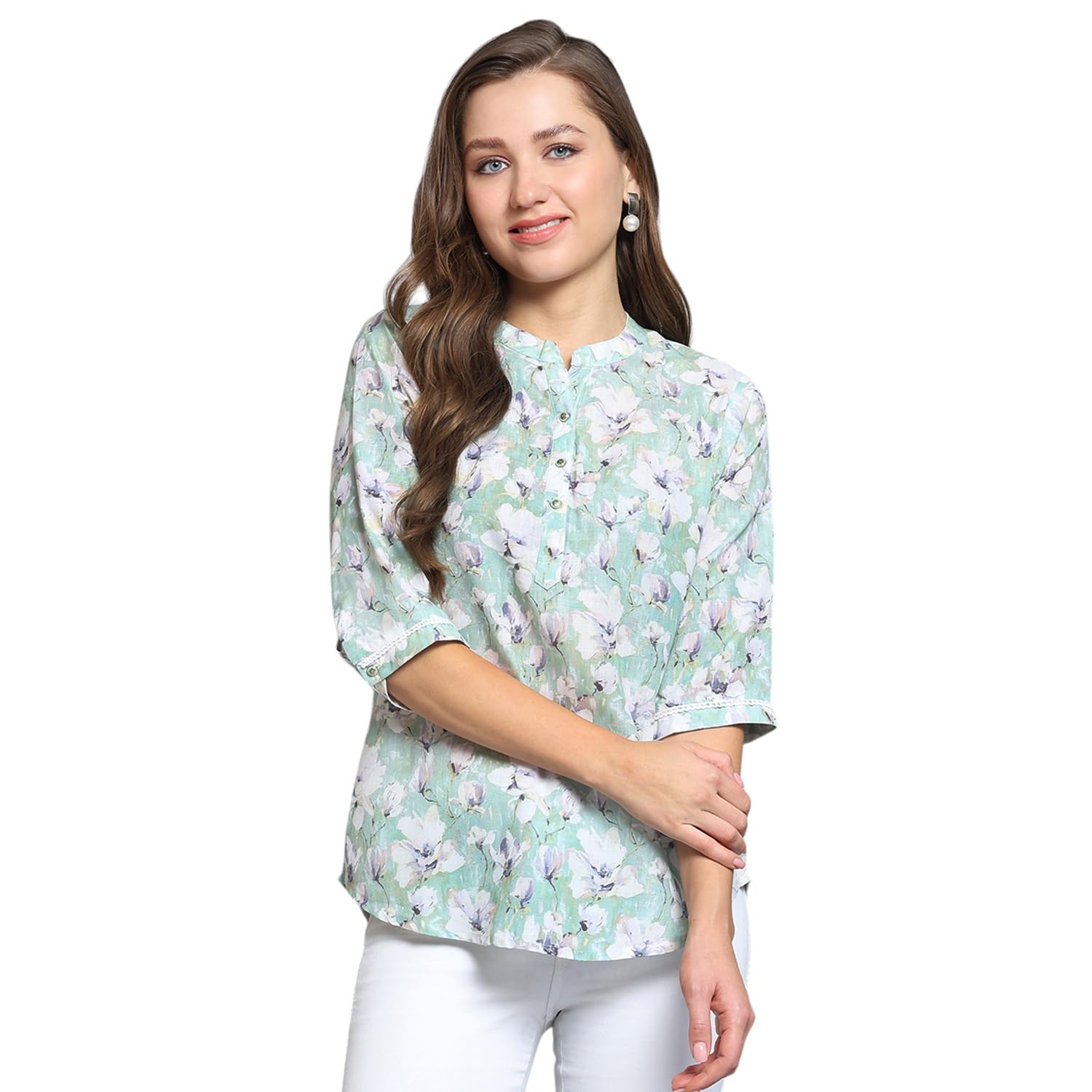 Monte Carlo Women's Printed Round Neck Top | 3/4 Sleeve | Casual Wear | Stylish & Comfortable | Everyday Wear Top for Women Green M (Pack of 1)