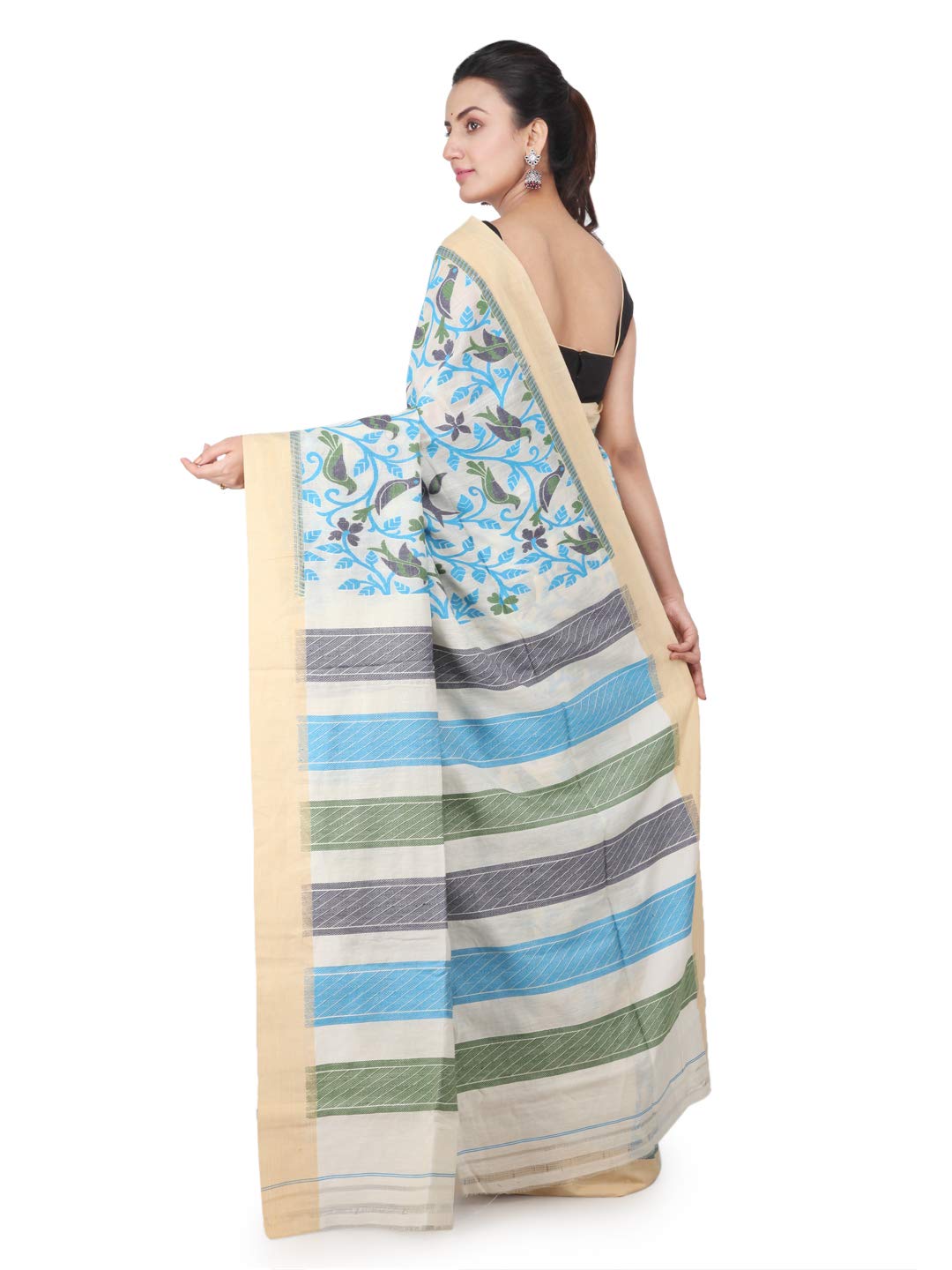 PinkLoom Women's Cotton Silk Jamdani Saree With Blouse Piece, Off White, Ghca21 - Image 3