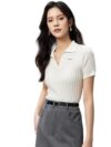 ICW Women's Knitted Ribbed Self-Design Short Sleeve Polo Neck Collar Crop Top T-Shirt DN1200 (in, Alpha, XS, Regular, White)