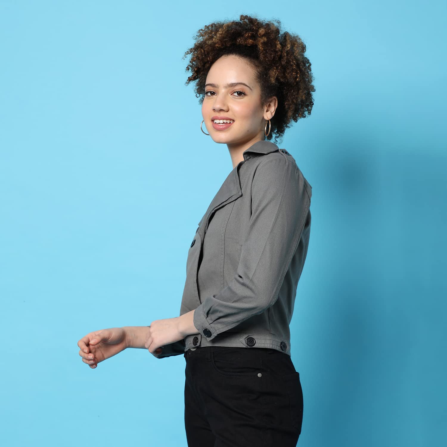 Campus Sutra Women’s Grey Dry-Washed Denim Cotton Jacket Regular Fit For Casual Wear, Collared Neck, Double-Breasted, Stylish Crafted With Comfort Fit For Everyday Wear - Image 6