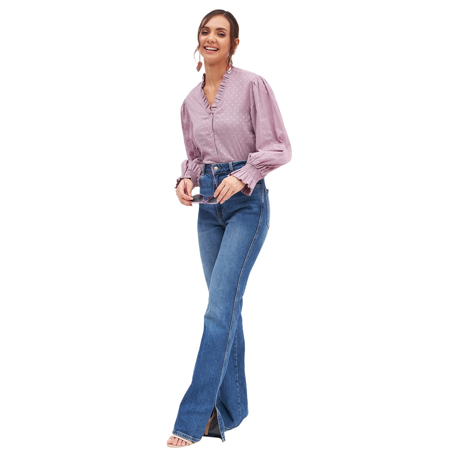 KIBO Women Pink Cotton Long Sleeve Self Design Crop Top - Medium - Image 6