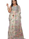 Bengal Looms India - Traditional Muslin Silk Dhakai Jamdani Saree In Ecru White & Green Minakari Thread Work with Blouse Piece | Soft Handloom Ethnic Wear Sari For Wedding, Diwali, Office & Party