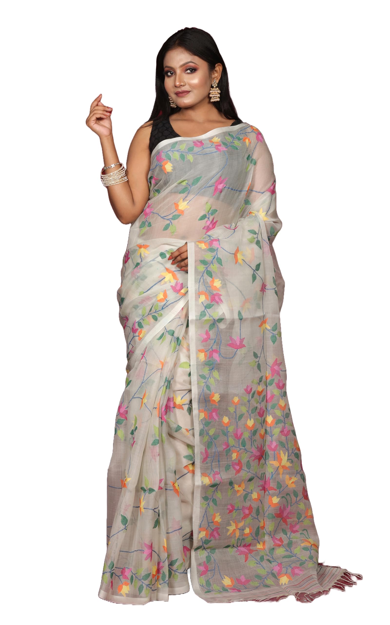 Bengal Looms India - Traditional Muslin Silk Dhakai Jamdani Saree In Ecru White & Green Minakari Thread Work with Blouse Piece | Soft Handloom Ethnic Wear Sari For Wedding, Diwali, Office & Party