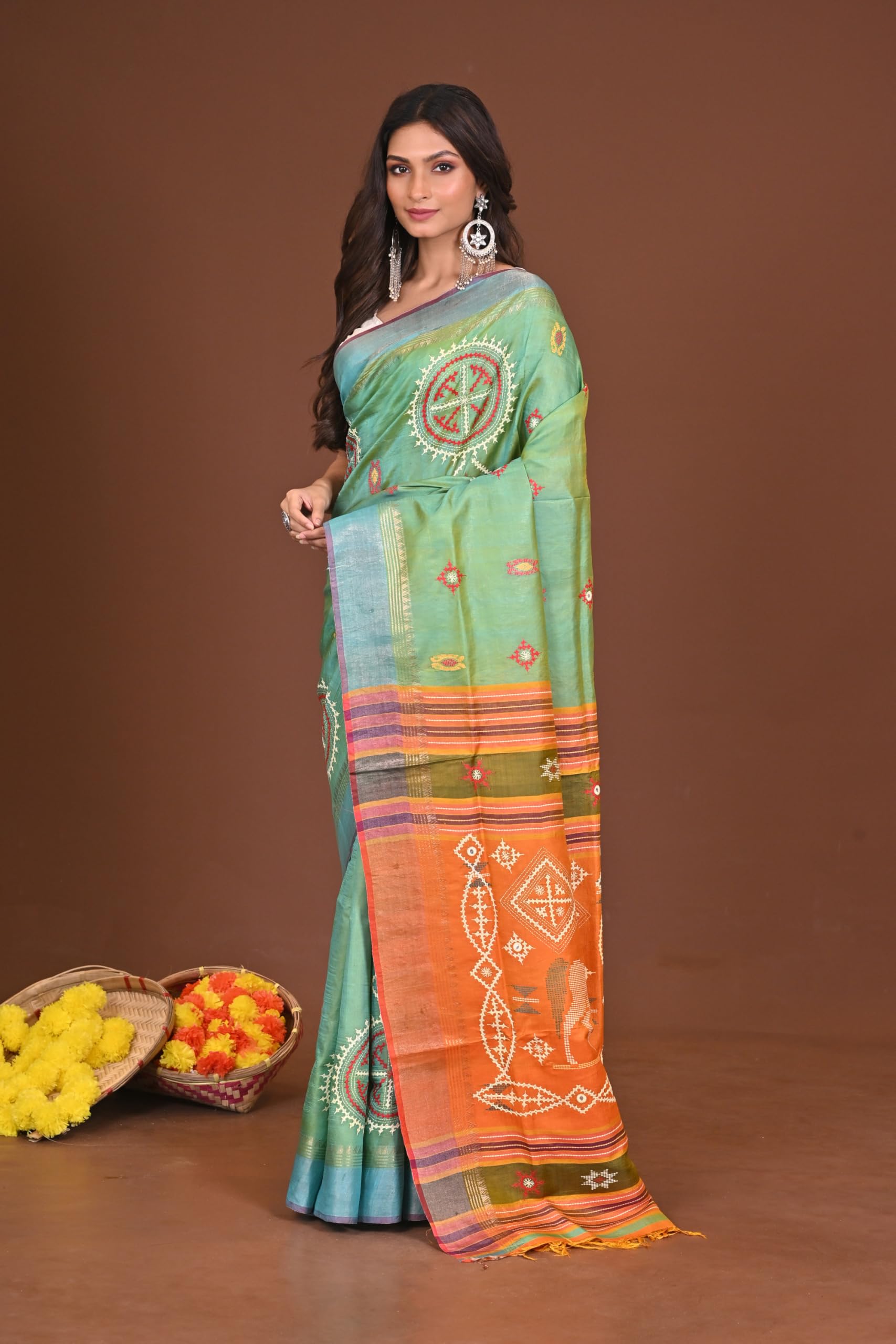 RAMSHYAM COLLECTION WOMEN'S SHARODIYA KATAN KALAKHETRA SAREE - Image 3