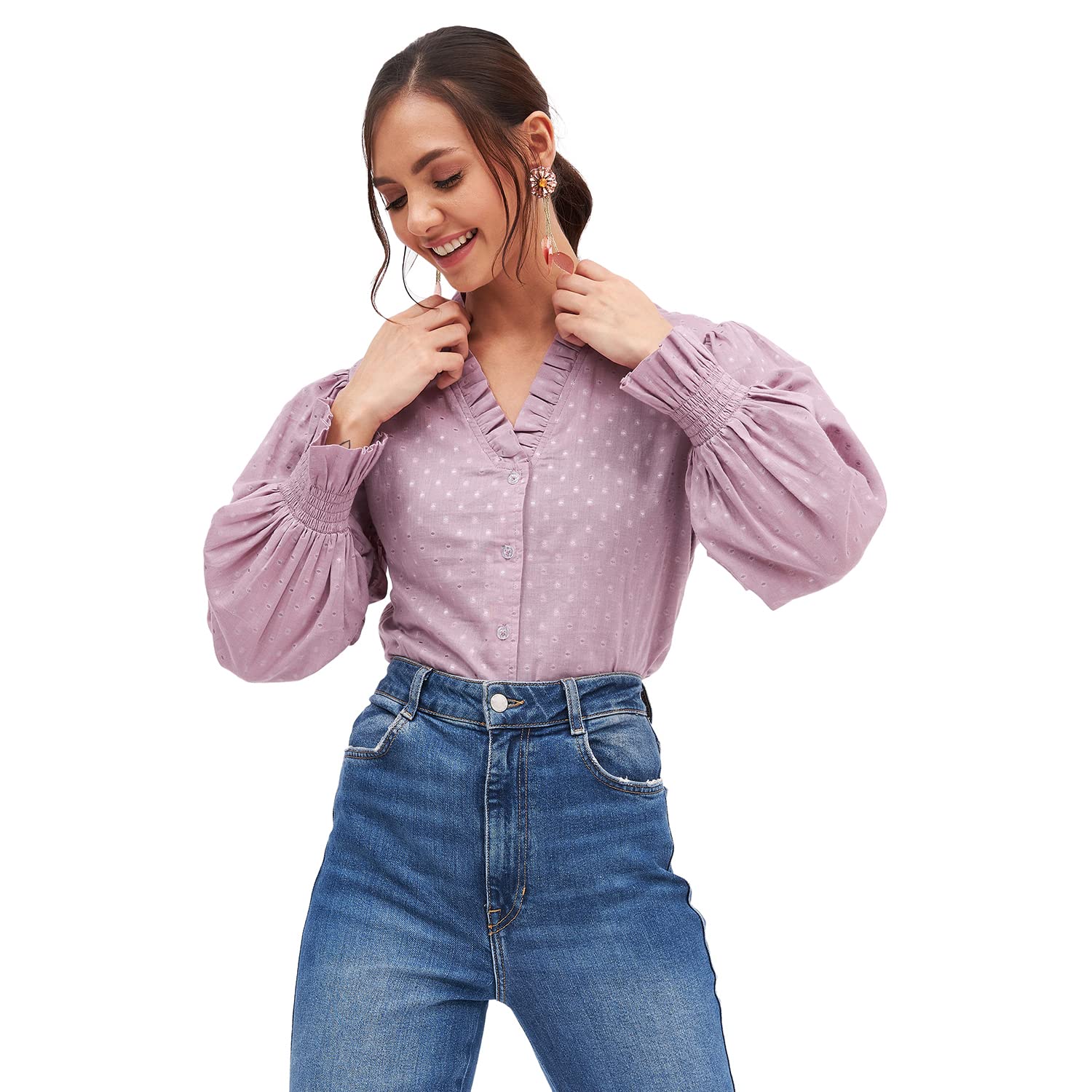 KIBO Women Pink Cotton Long Sleeve Self Design Crop Top - Medium